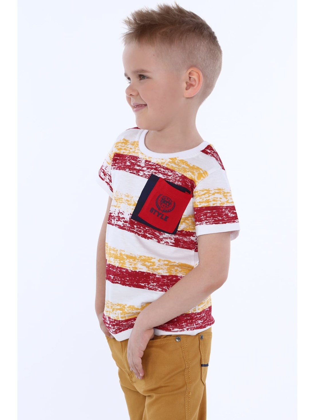 Boy\'s striped T-shirt with a pocket / burgundy NDZ4534 - Online store - Boutique